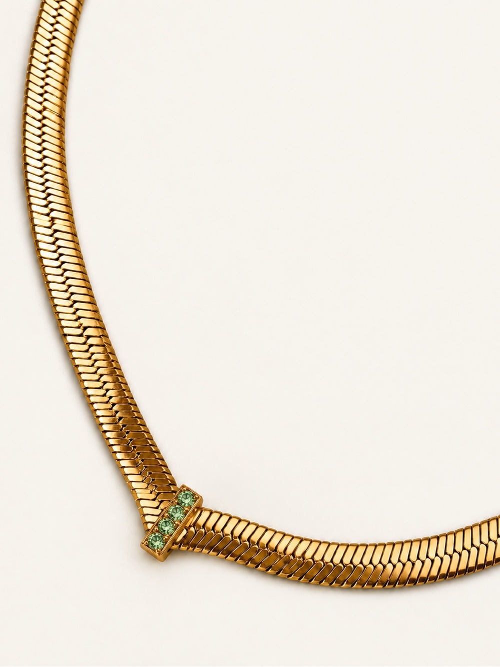 18K Gold Tone Snake Chain Necklace Green Herringbone Stainless Steel Choker